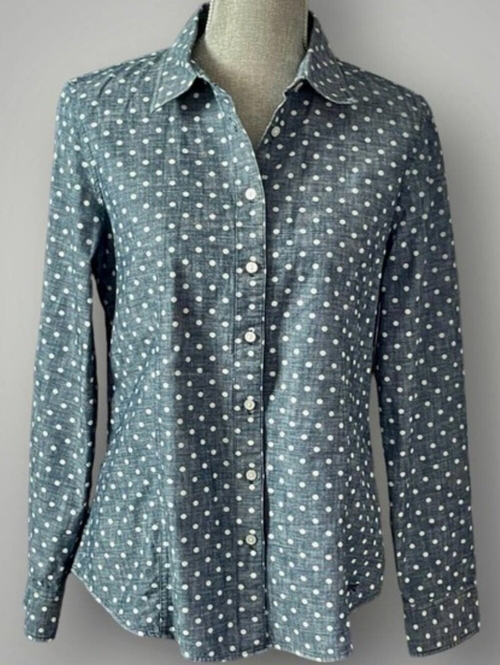 Talbots Blue & White 100% Cotton Polka Dot Button-Up Chambray Shirt